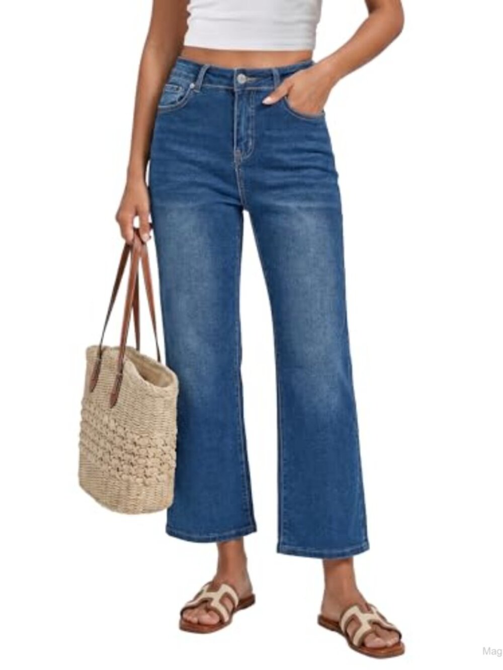 Womens High Waisted Loose Straight Leg Stretchy Denim Cropped Jeans with Pockets